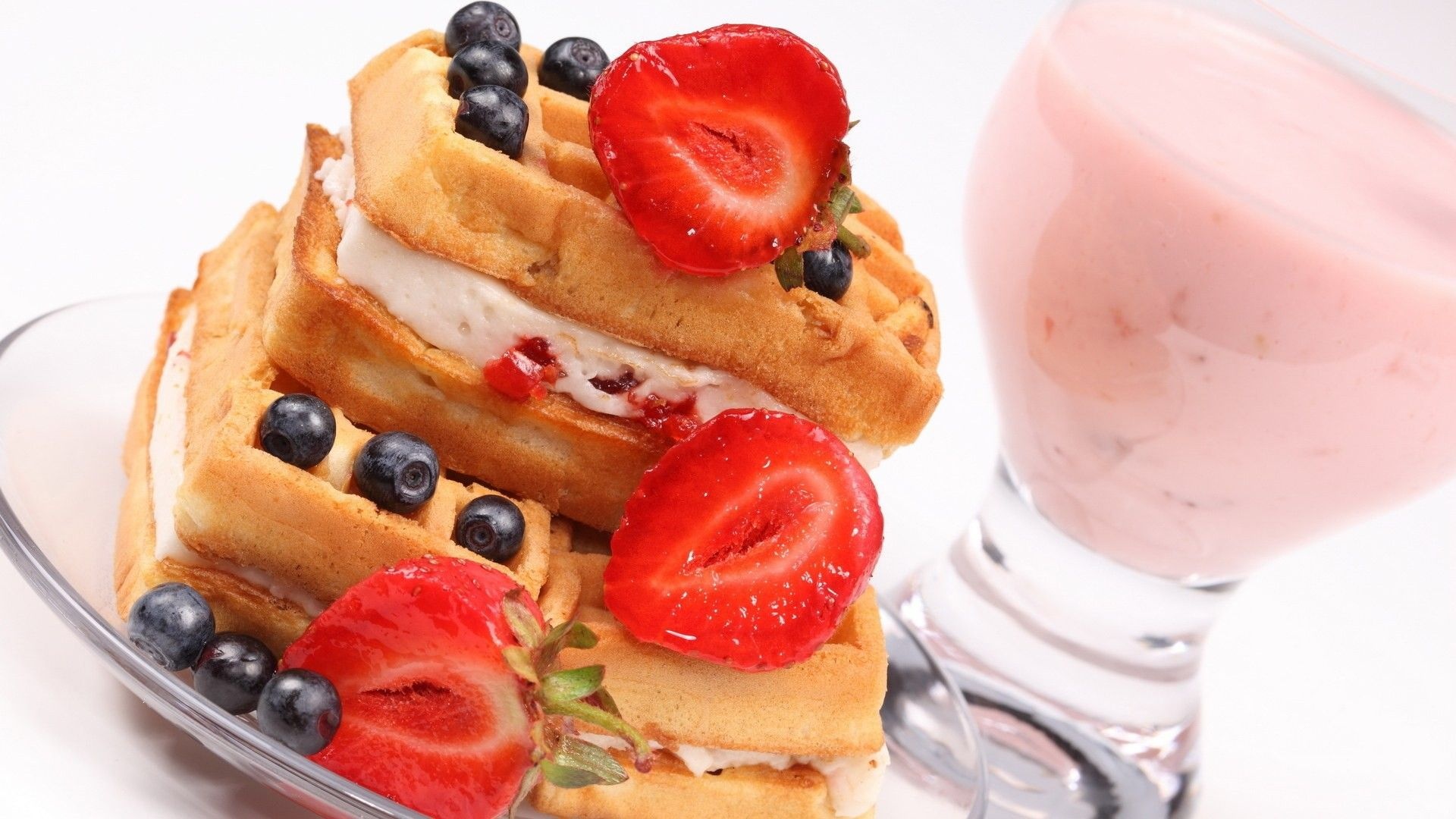 Food Waffles Cream Strawberries Blueberries