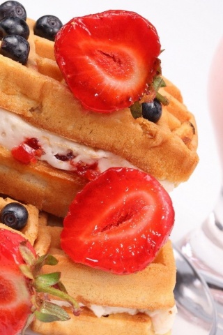 Food Waffles Cream Strawberries Blueberries