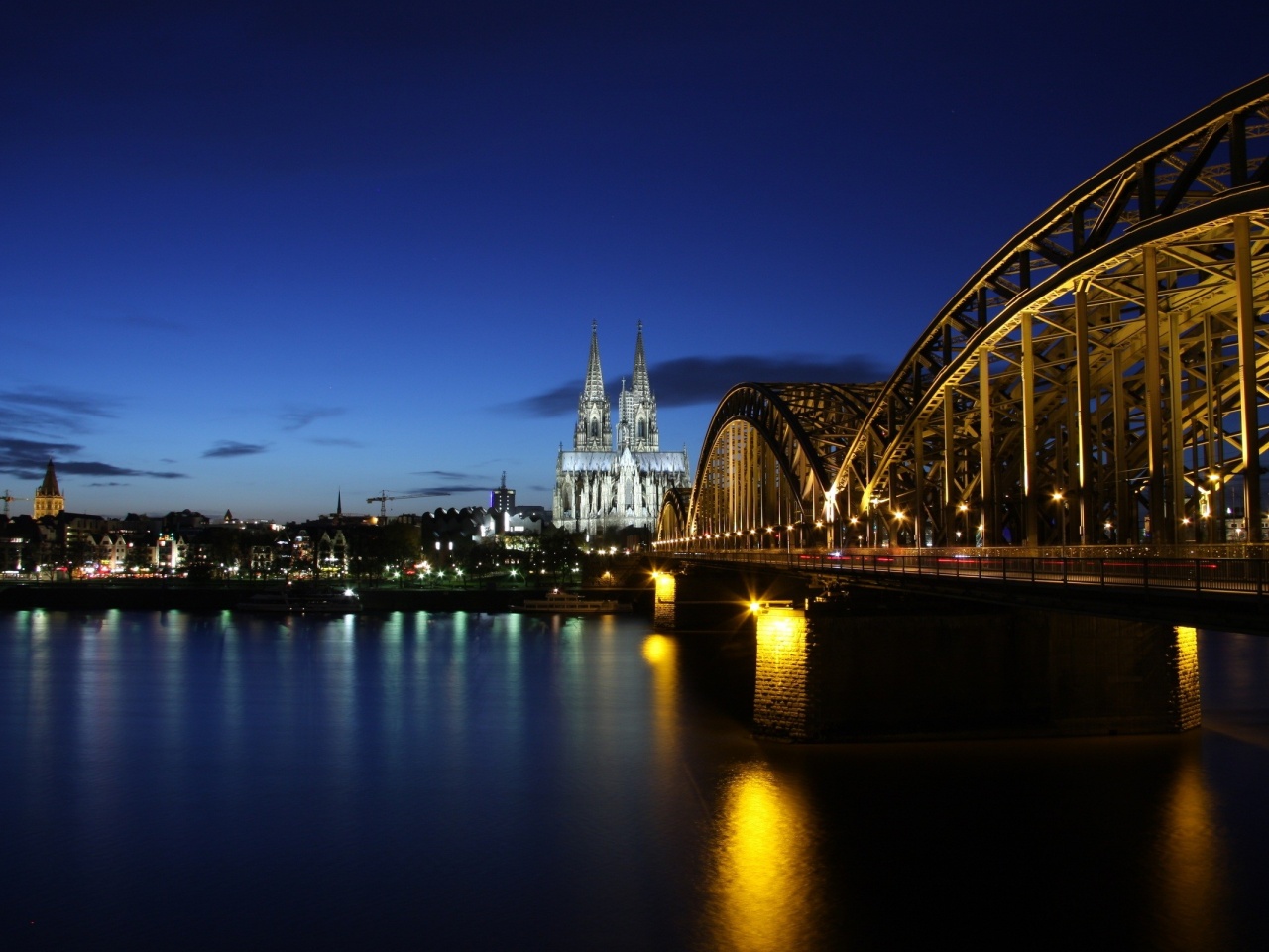 Germany Koln Cologne Germany Evening Buildings Lighting Bridge River Rhine The Reflection