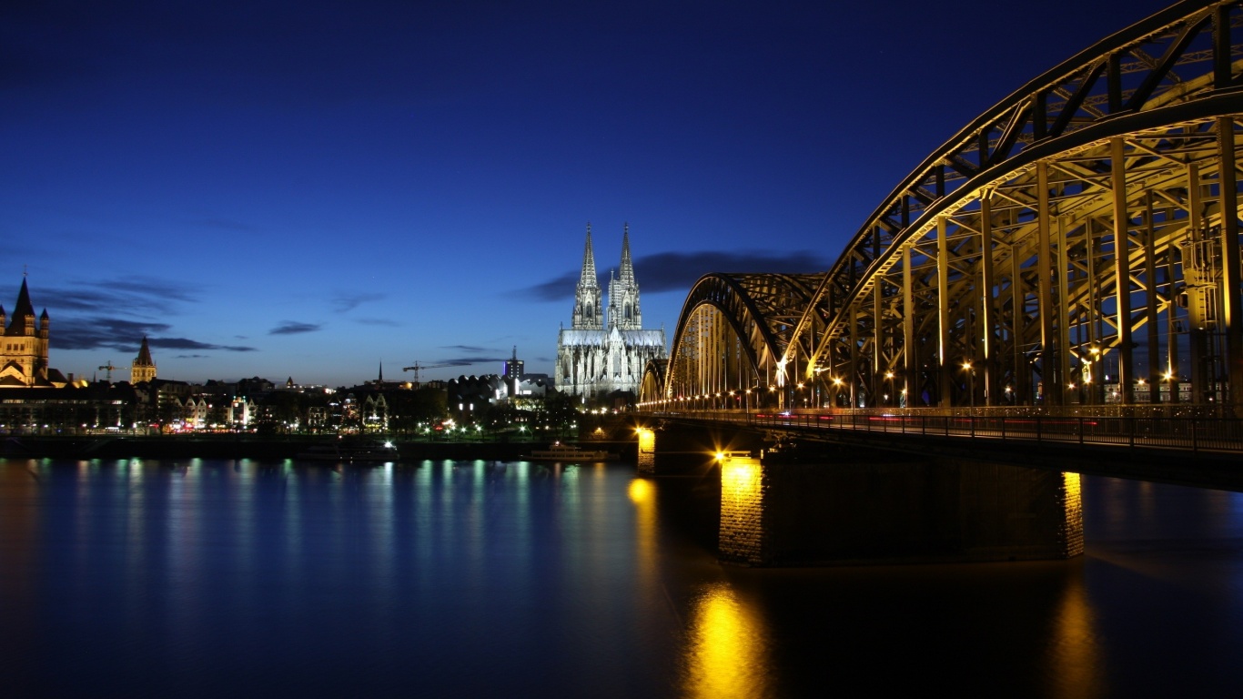 Germany Koln Cologne Germany Evening Buildings Lighting Bridge River Rhine The Reflection