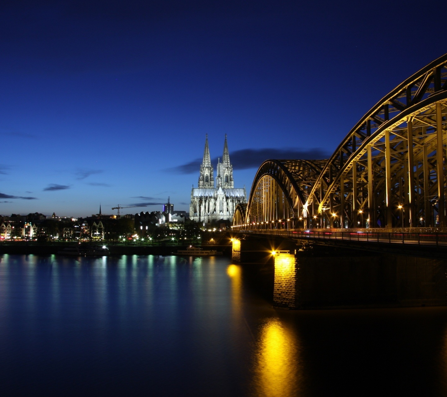 Germany Koln Cologne Germany Evening Buildings Lighting Bridge River Rhine The Reflection