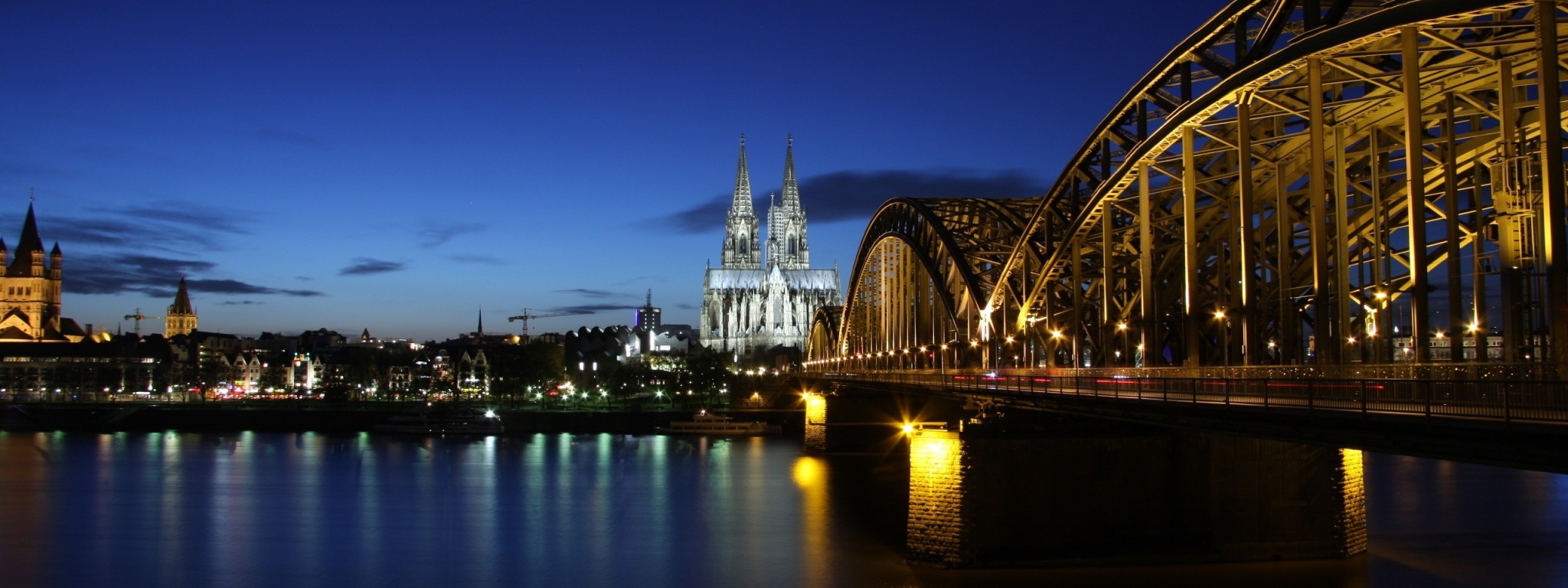 Germany Koln Cologne Germany Evening Buildings Lighting Bridge River Rhine The Reflection