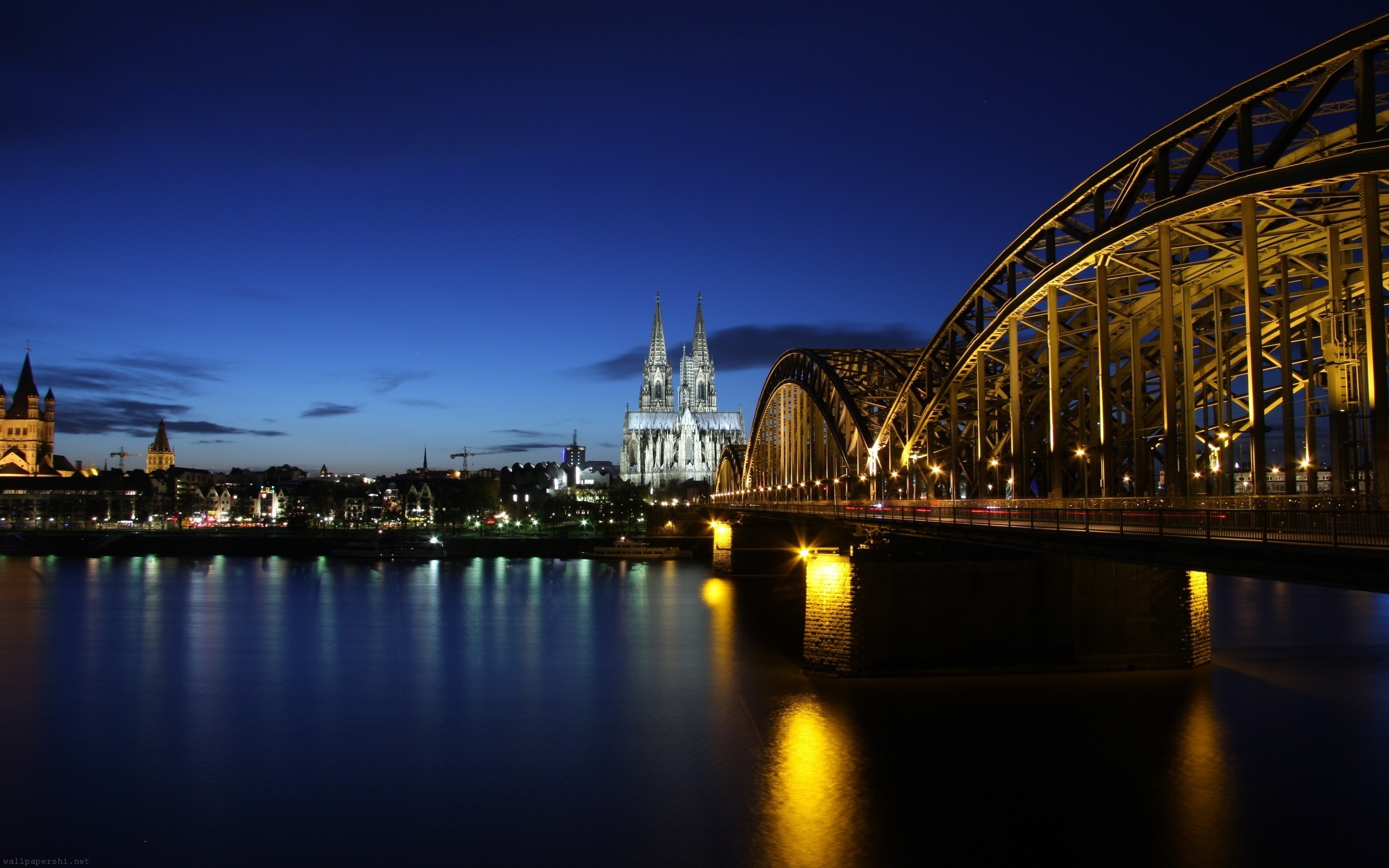 Germany Koln Cologne Germany Evening Buildings Lighting Bridge River Rhine The Reflection