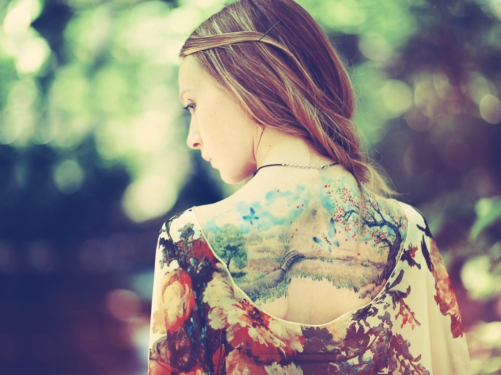 Girl Back Dress Tattoos Nature Background Style Fashion