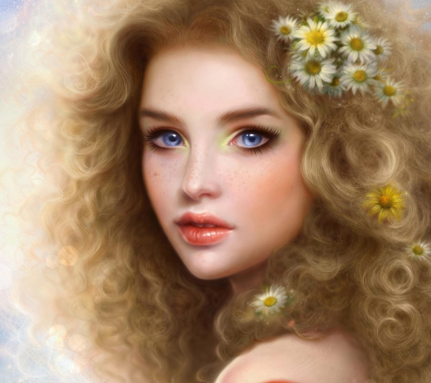 Girl Blonde Blue Eyes Curls Lips Person Camomiles