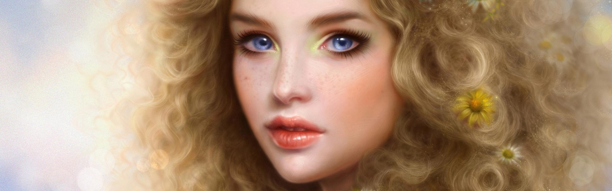 Girl Blonde Blue Eyes Curls Lips Person Camomiles