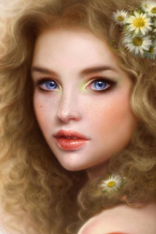 Girl Blonde Blue Eyes Curls Lips Person Camomiles