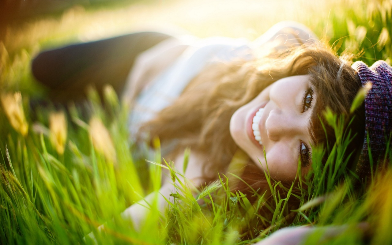 Girl Brunette Model Lying Grass Face