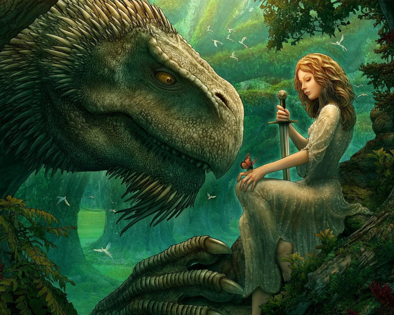 Girl Dinosaur Sword Butterfly Wood