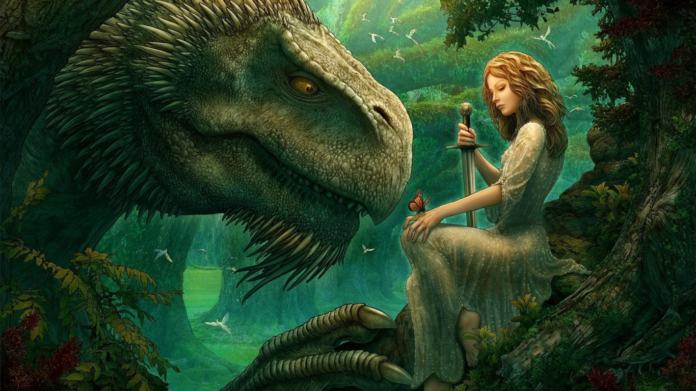 Girl Dinosaur Sword Butterfly Wood