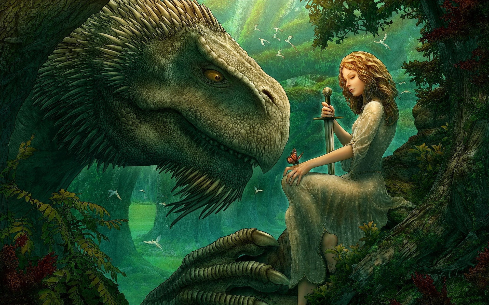 Girl Dinosaur Sword Butterfly Wood