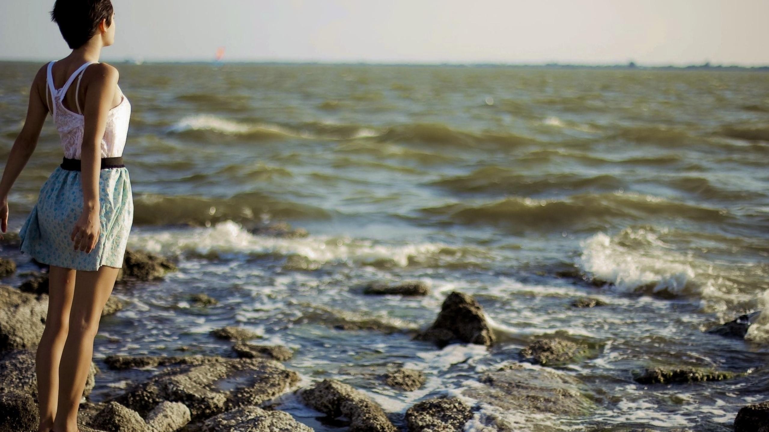 Girl Dress Sea Stone Nature Landscapes