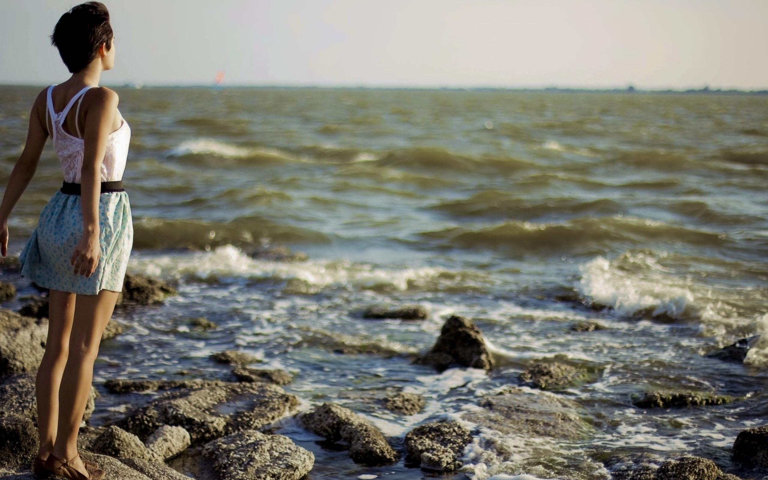 Girl Dress Sea Stone Nature Landscapes