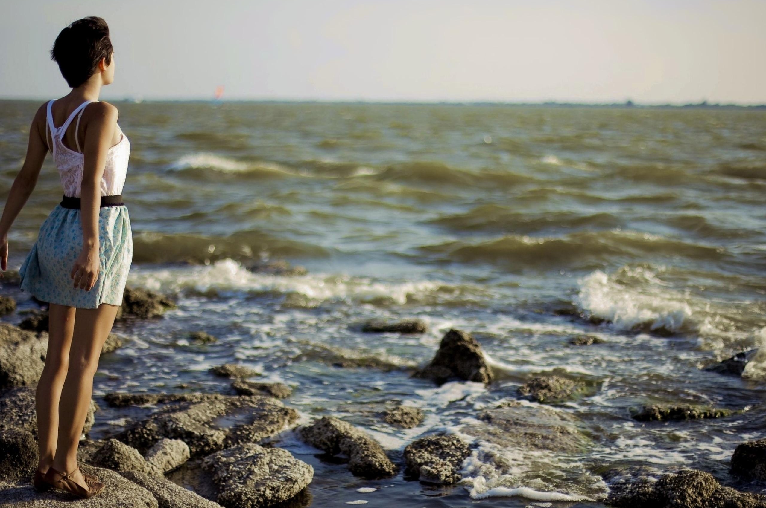 Girl Dress Sea Stone Nature Landscapes