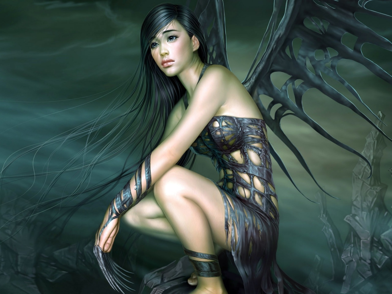 Girl Grief Wings Brunette Angel Black