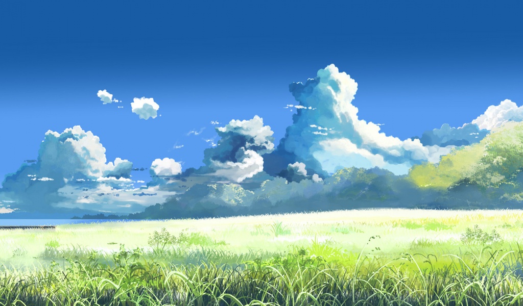 Grass Sky Clouds Sunlight Meadow 5 Centimeters Per Second