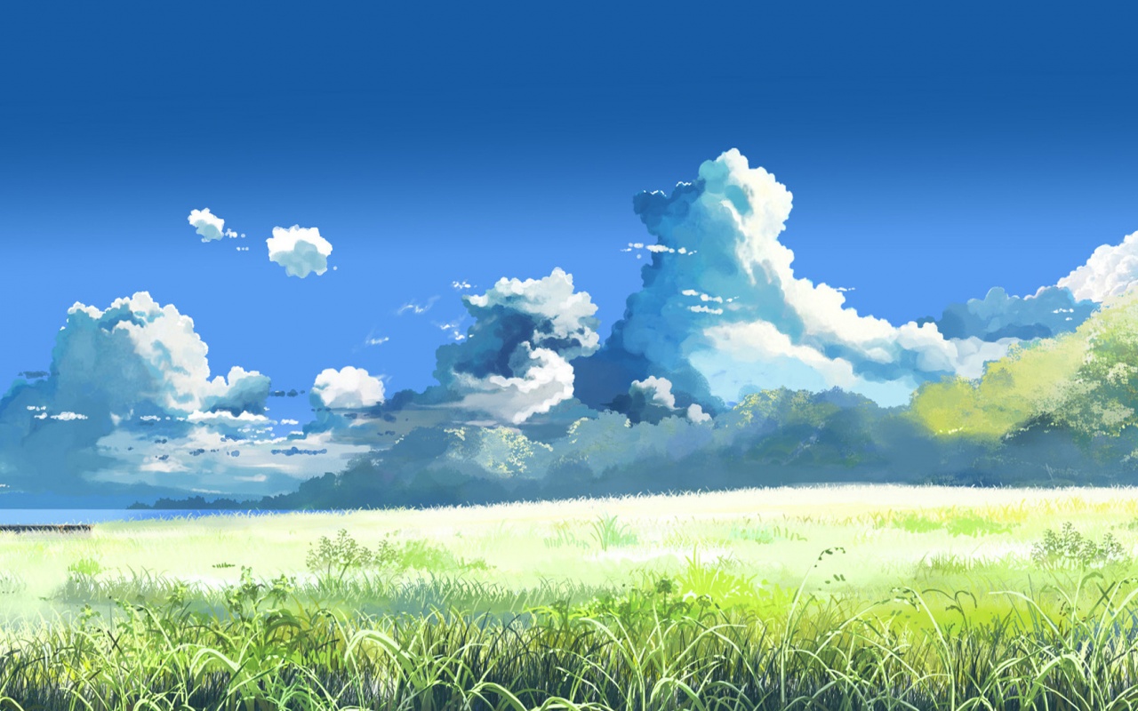 Grass Sky Clouds Sunlight Meadow 5 Centimeters Per Second