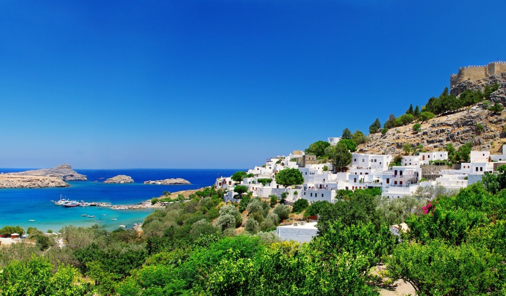 Greece Fortress Coast Houses Trees Nature