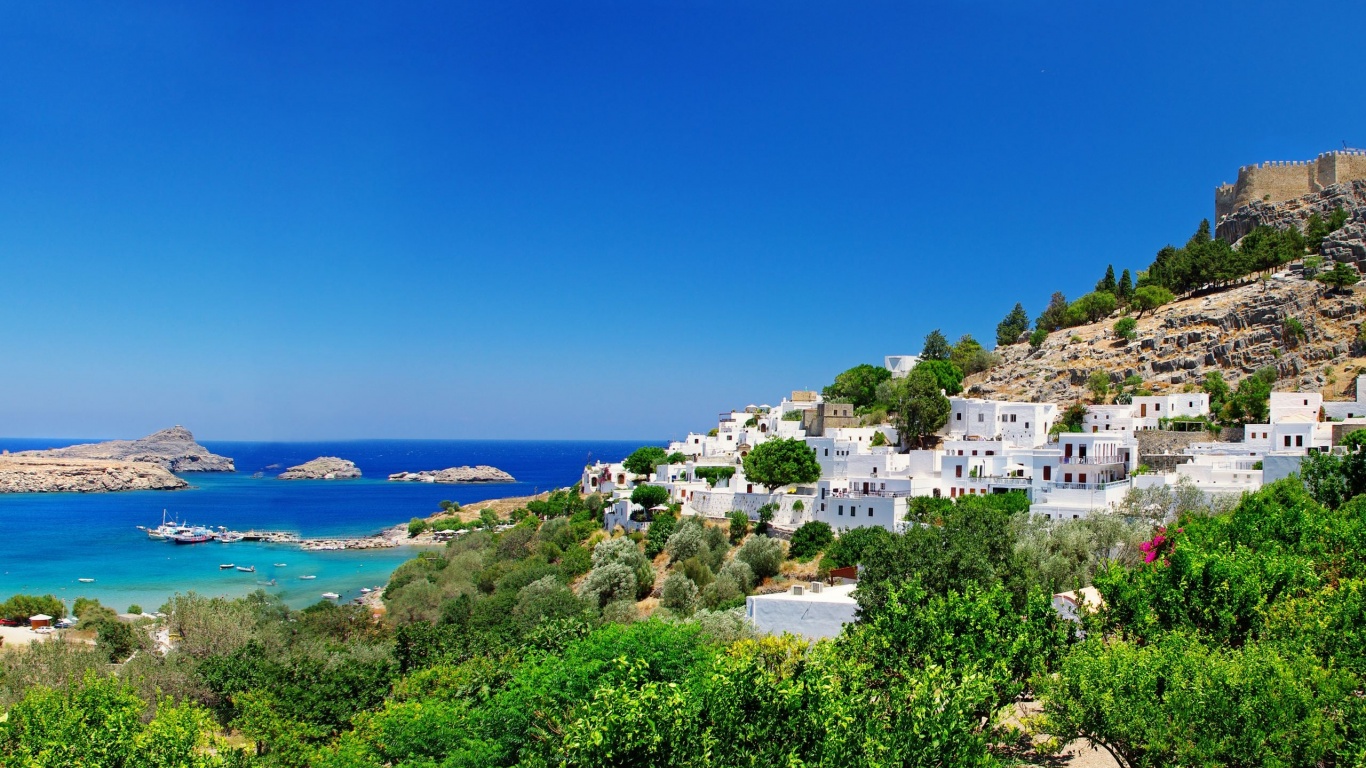 Greece Fortress Coast Houses Trees Nature