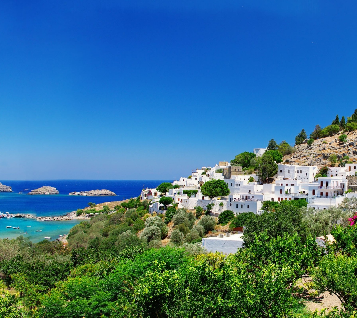 Greece Fortress Coast Houses Trees Nature