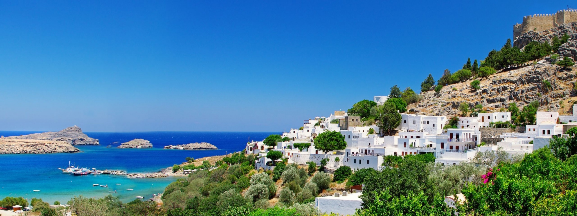 Greece Fortress Coast Houses Trees Nature