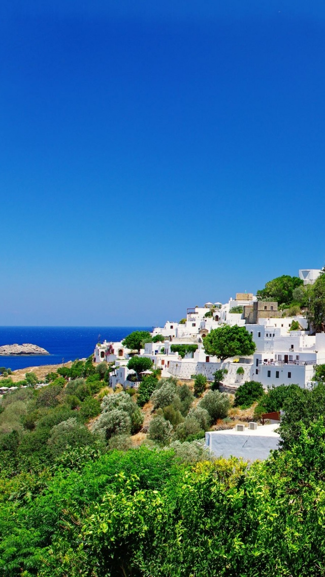 Greece Fortress Coast Houses Trees Nature