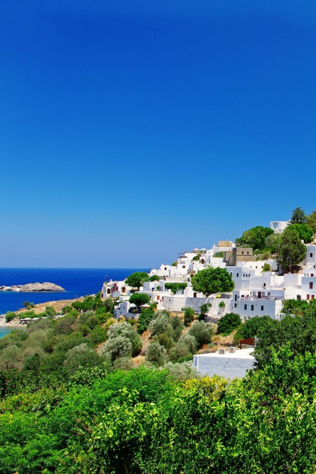 Greece Fortress Coast Houses Trees Nature