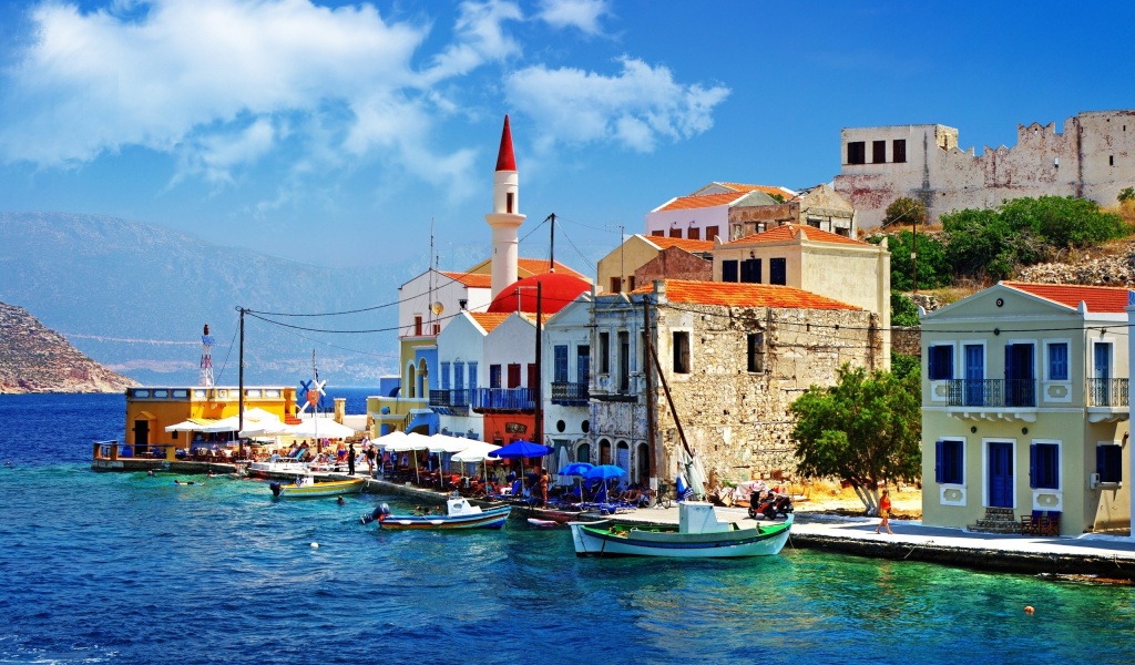 Greece Quay Pier Boat Sea Houses Slope Trees