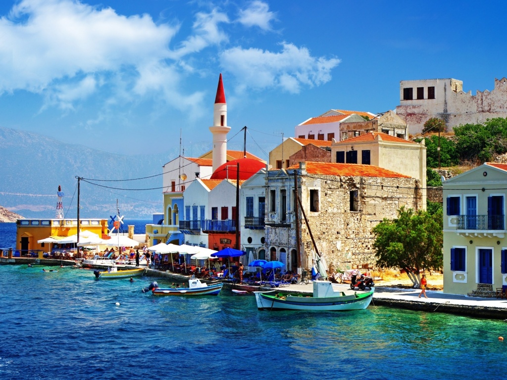 Greece Quay Pier Boat Sea Houses Slope Trees