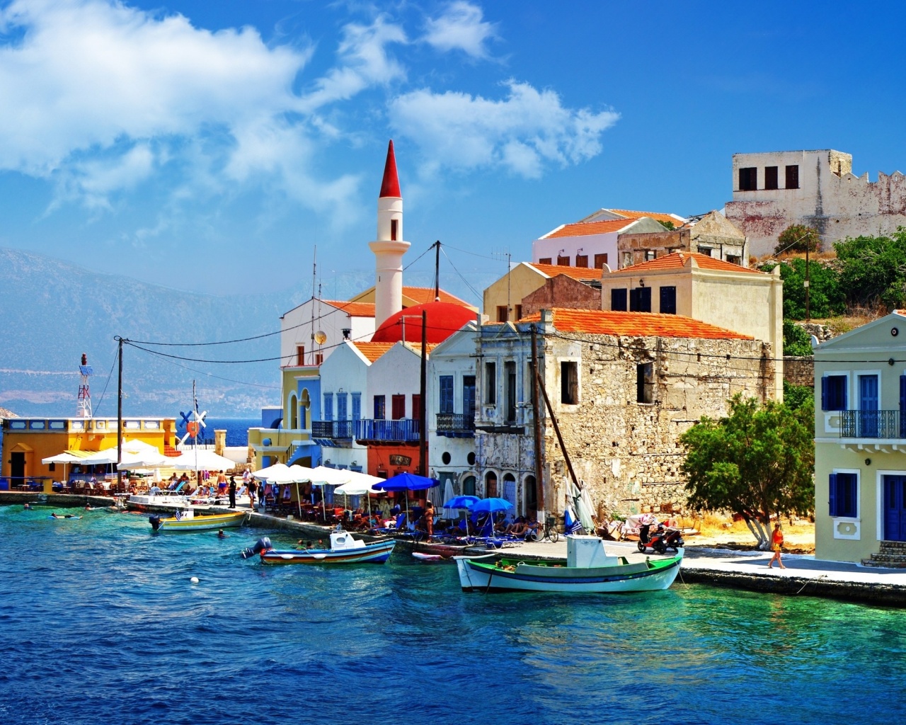 Greece Quay Pier Boat Sea Houses Slope Trees