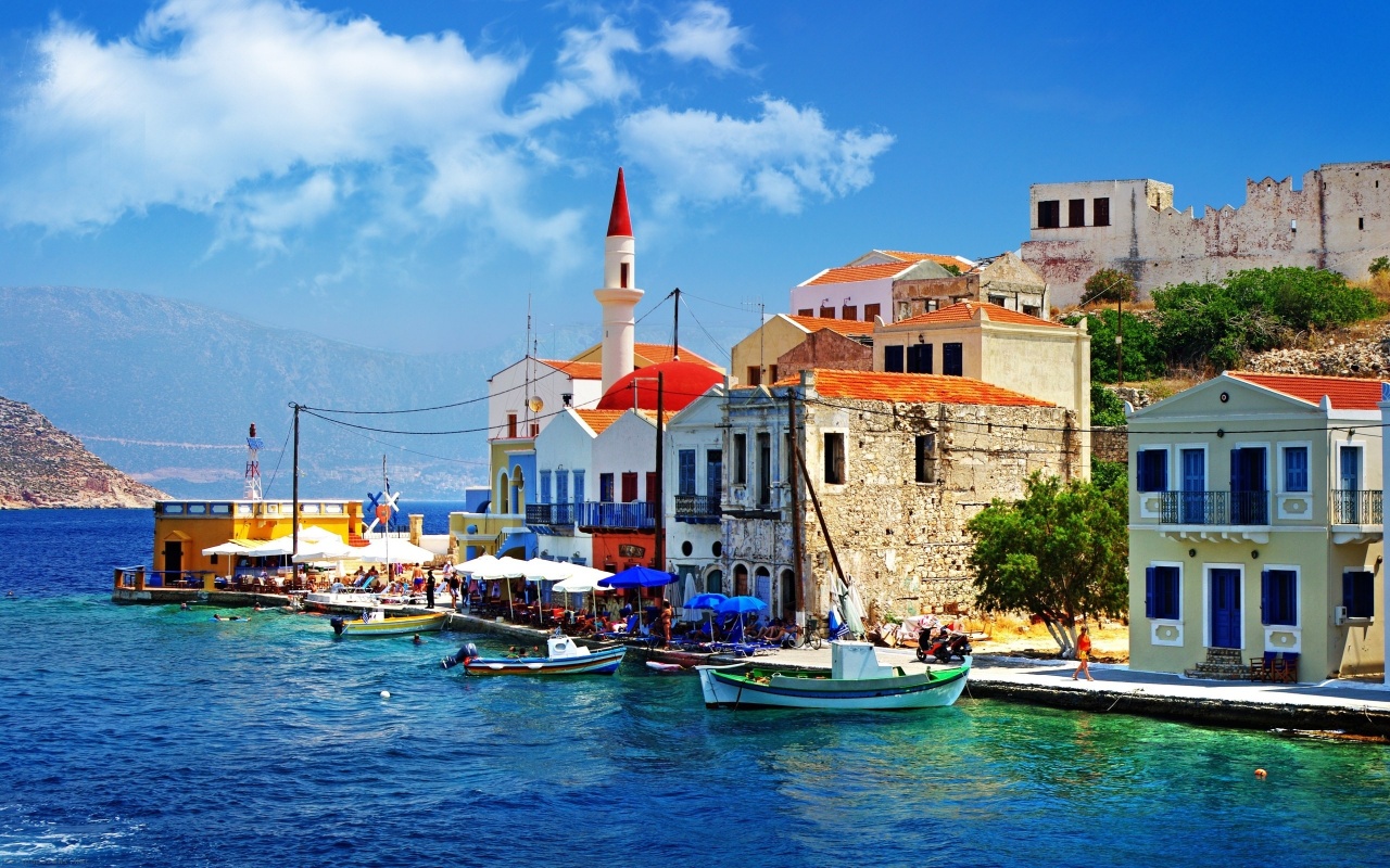 Greece Quay Pier Boat Sea Houses Slope Trees