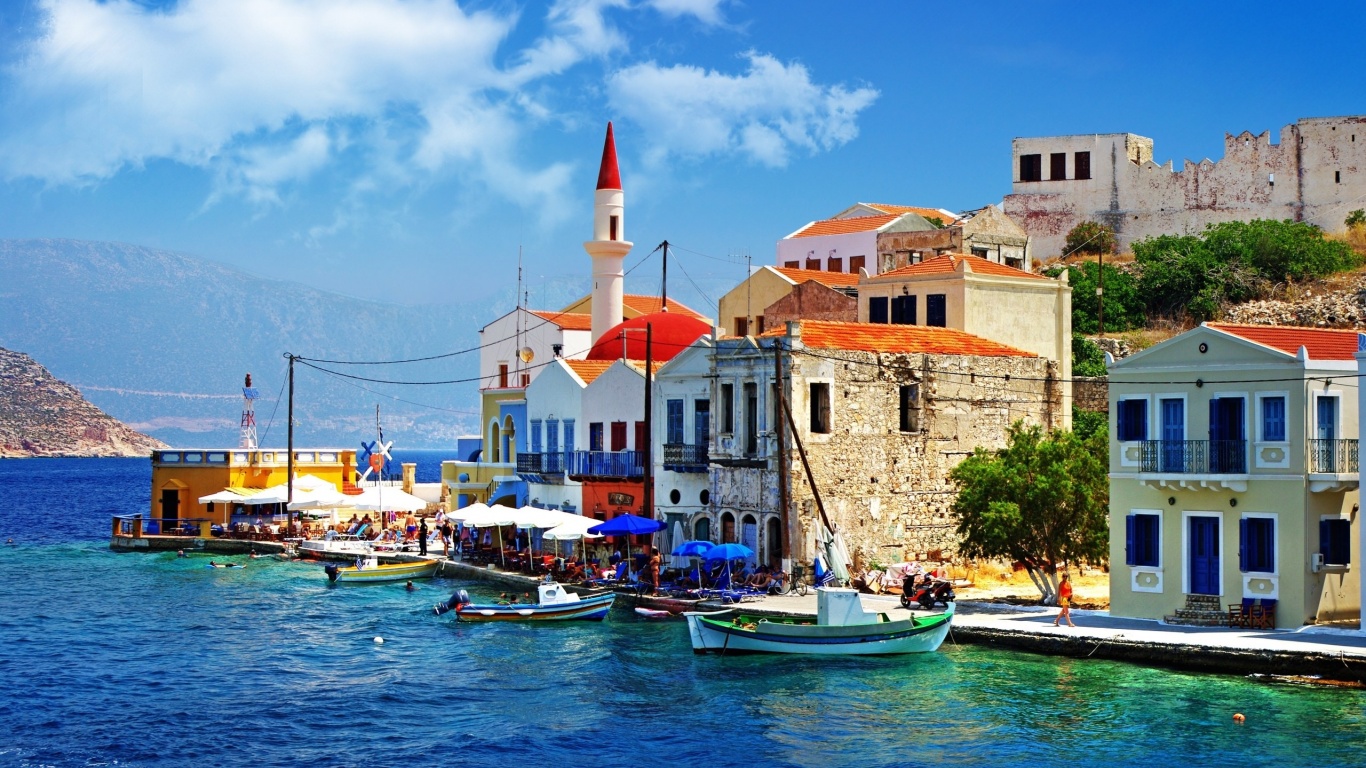 Greece Quay Pier Boat Sea Houses Slope Trees