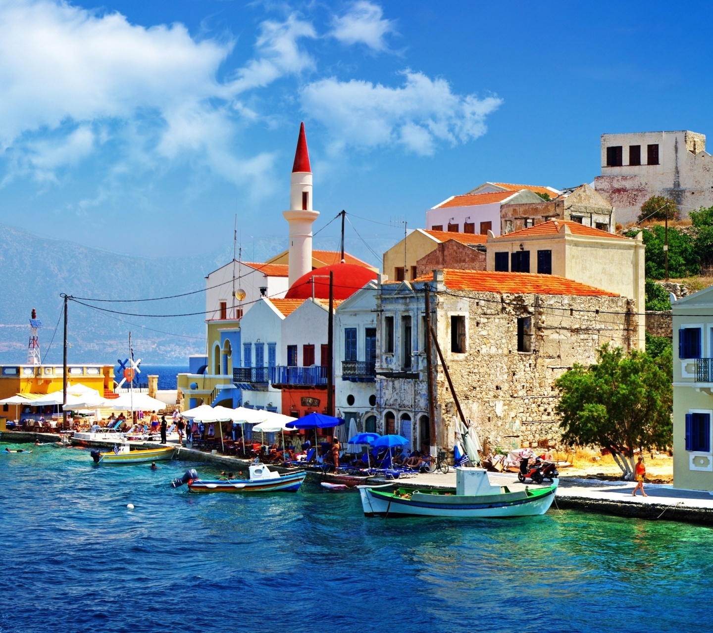 Greece Quay Pier Boat Sea Houses Slope Trees