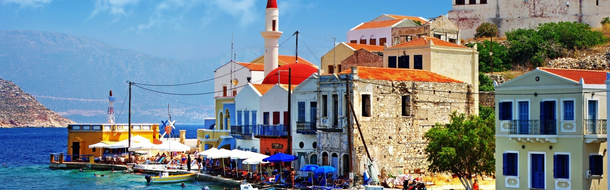 Greece Quay Pier Boat Sea Houses Slope Trees