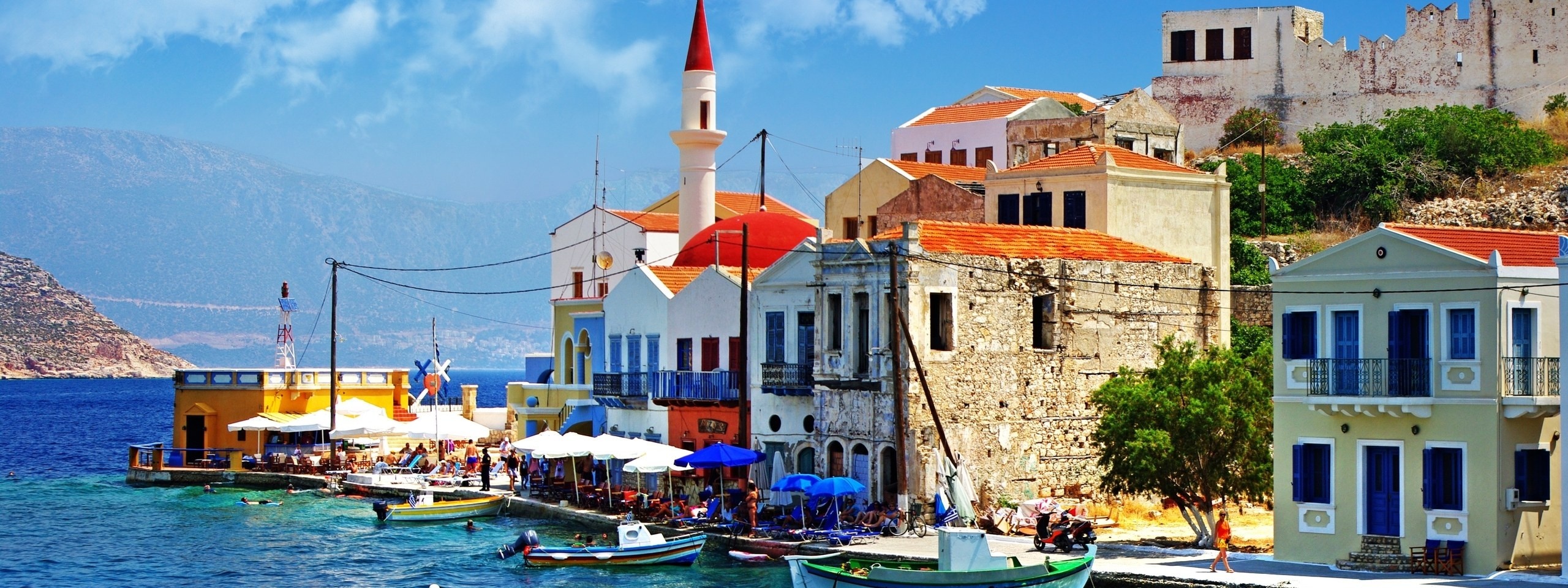 Greece Quay Pier Boat Sea Houses Slope Trees