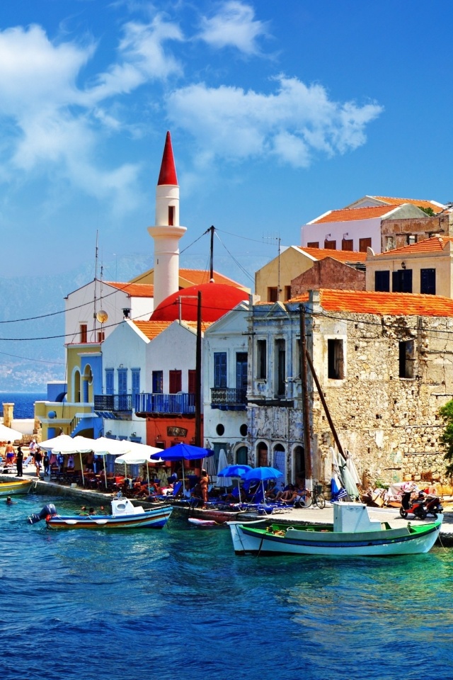 Greece Quay Pier Boat Sea Houses Slope Trees