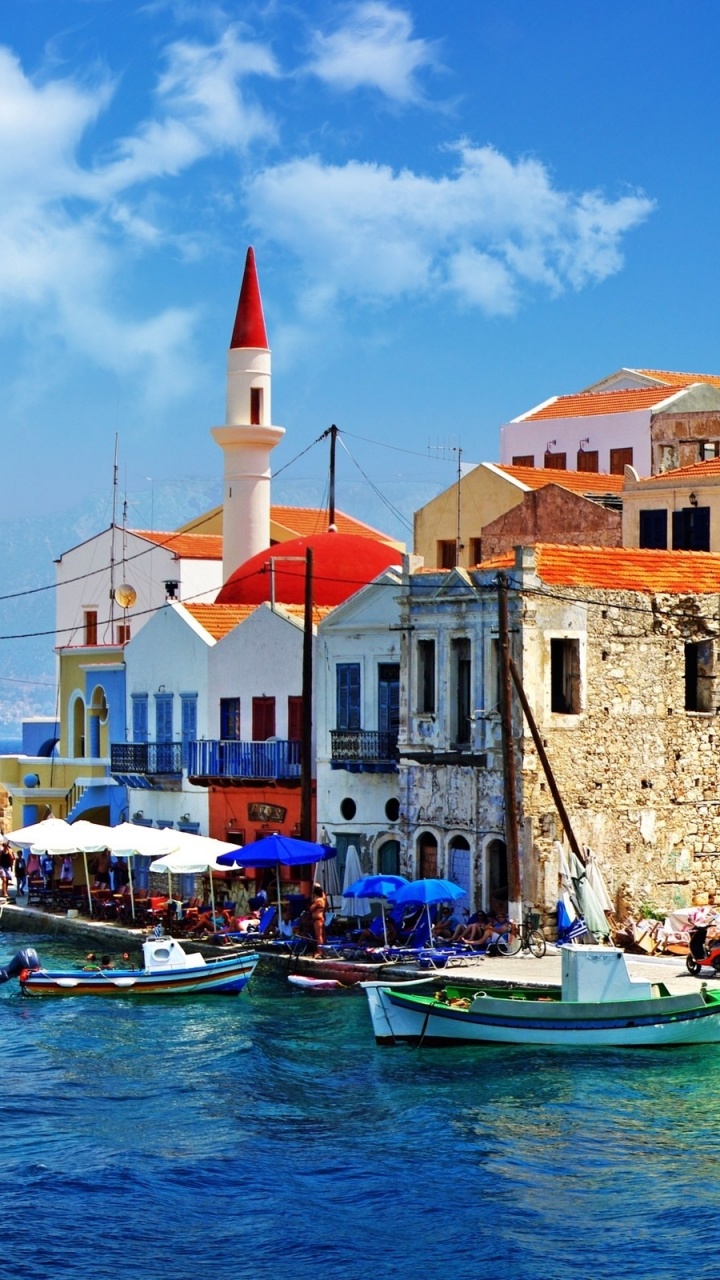 Greece Quay Pier Boat Sea Houses Slope Trees