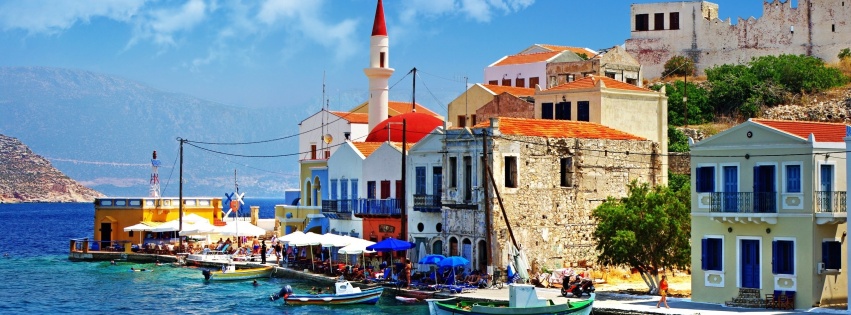 Greece Quay Pier Boat Sea Houses Slope Trees