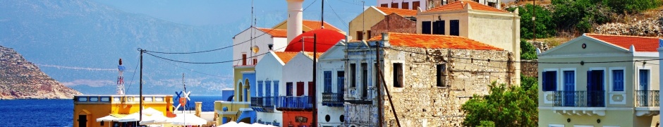 Greece Quay Pier Boat Sea Houses Slope Trees