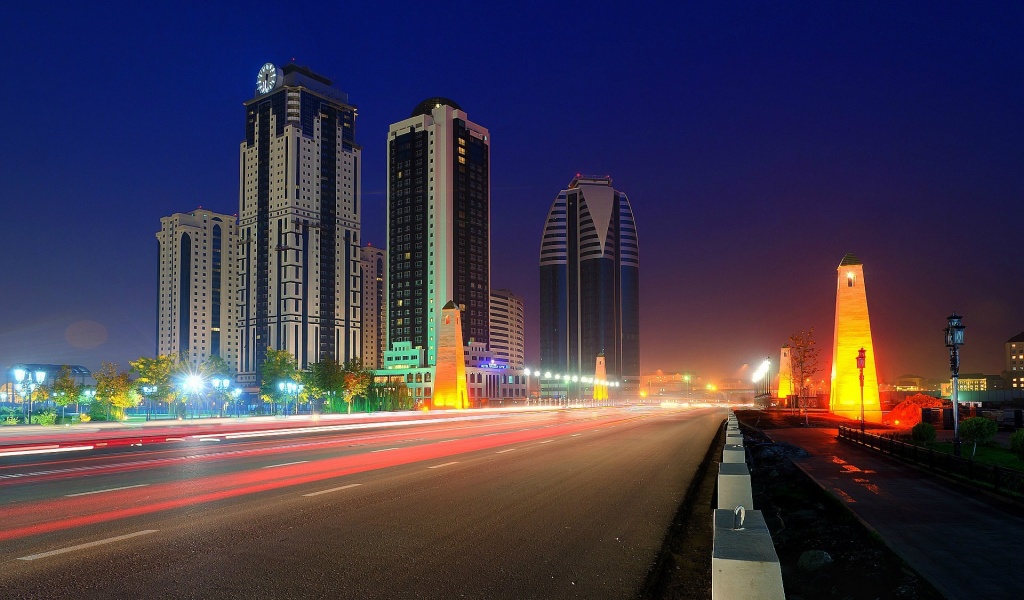 Grozny City Grozny Russia Chechnya Night Road Skyscraper