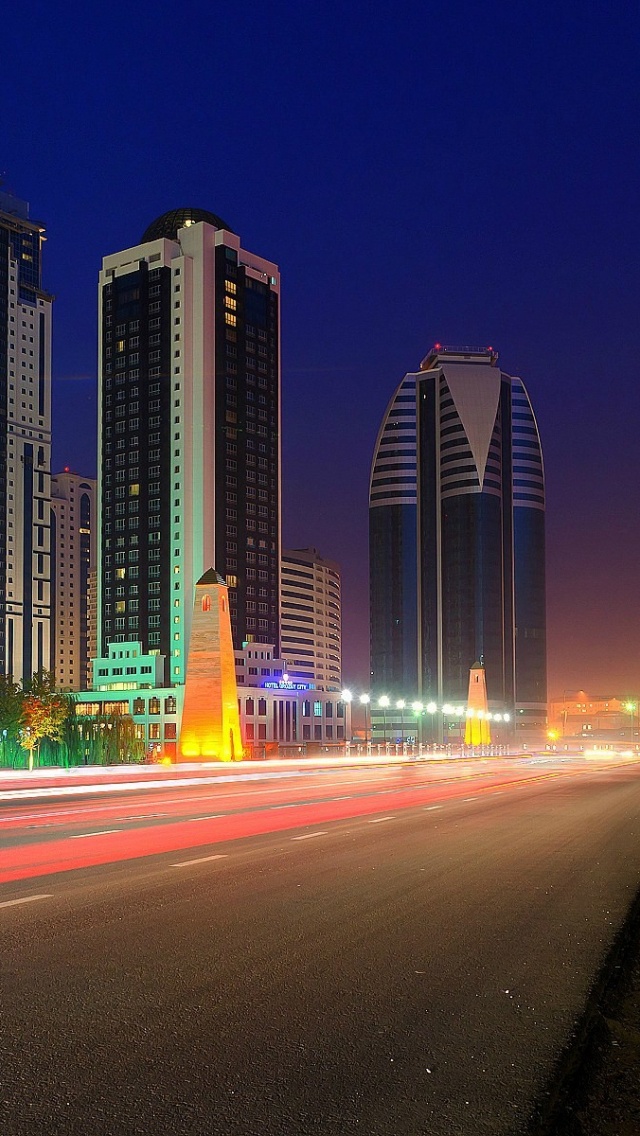 Grozny City Grozny Russia Chechnya Night Road Skyscraper