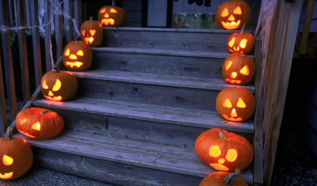 Halloween Pumpkins On Wooden Stairs