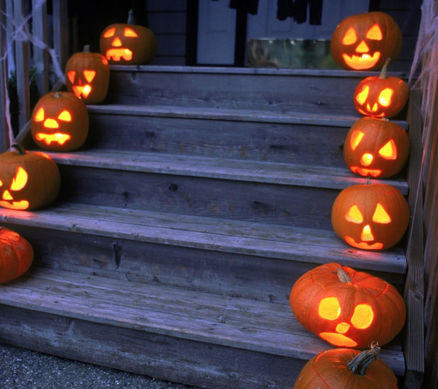 Halloween Pumpkins On Wooden Stairs