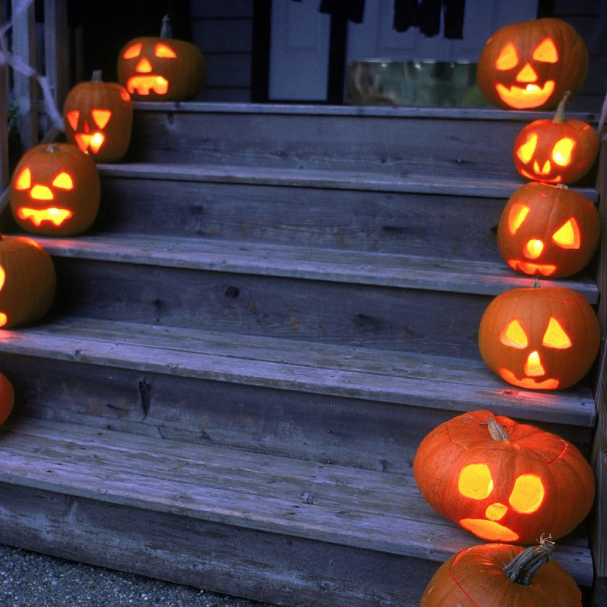 Halloween Pumpkins On Wooden Stairs