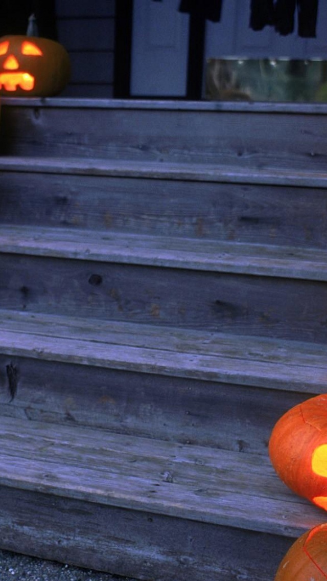 Halloween Pumpkins On Wooden Stairs