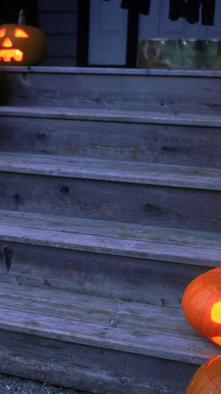 Halloween Pumpkins On Wooden Stairs