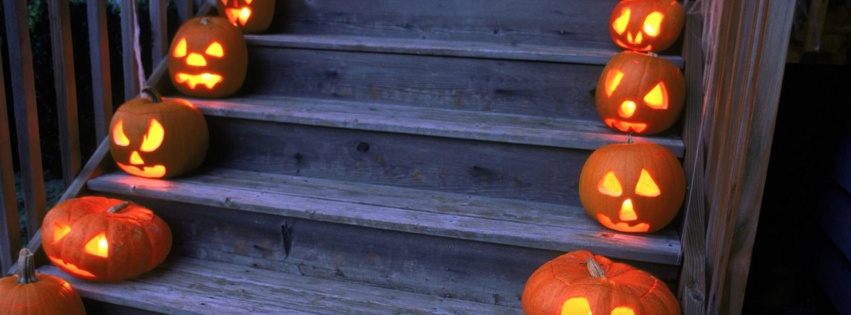 Halloween Pumpkins On Wooden Stairs