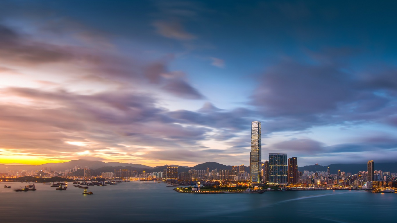 Hong Kong Evening Sunset Sky Clouds Bay Building Fires Port Metropolis City