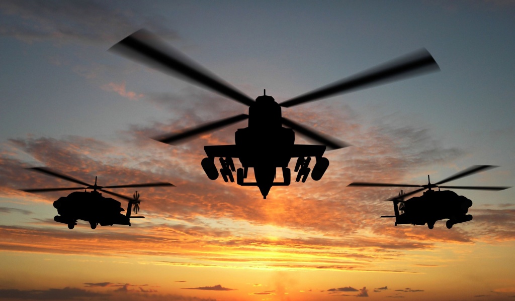 Military Helicopters And Sunset