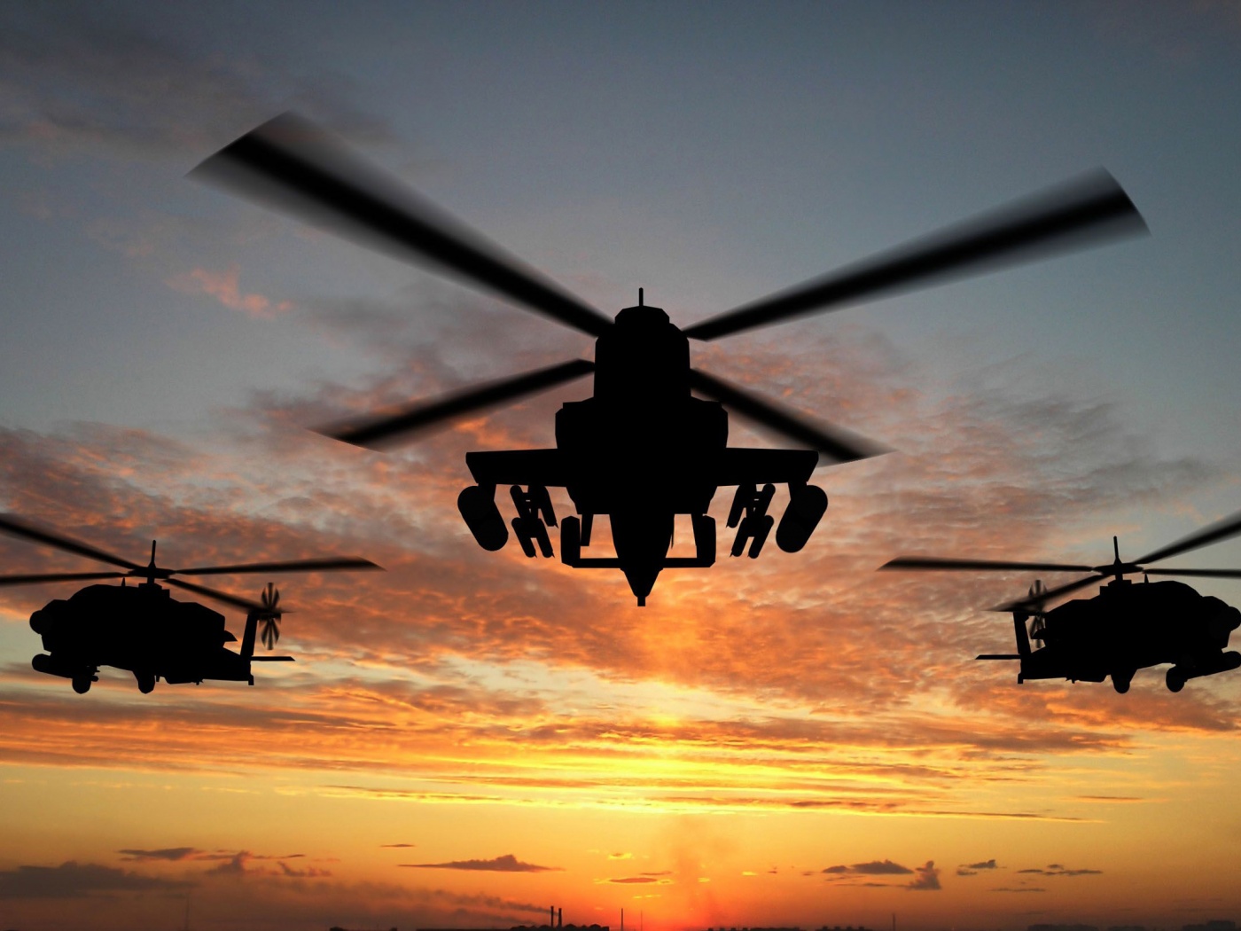 Military Helicopters And Sunset